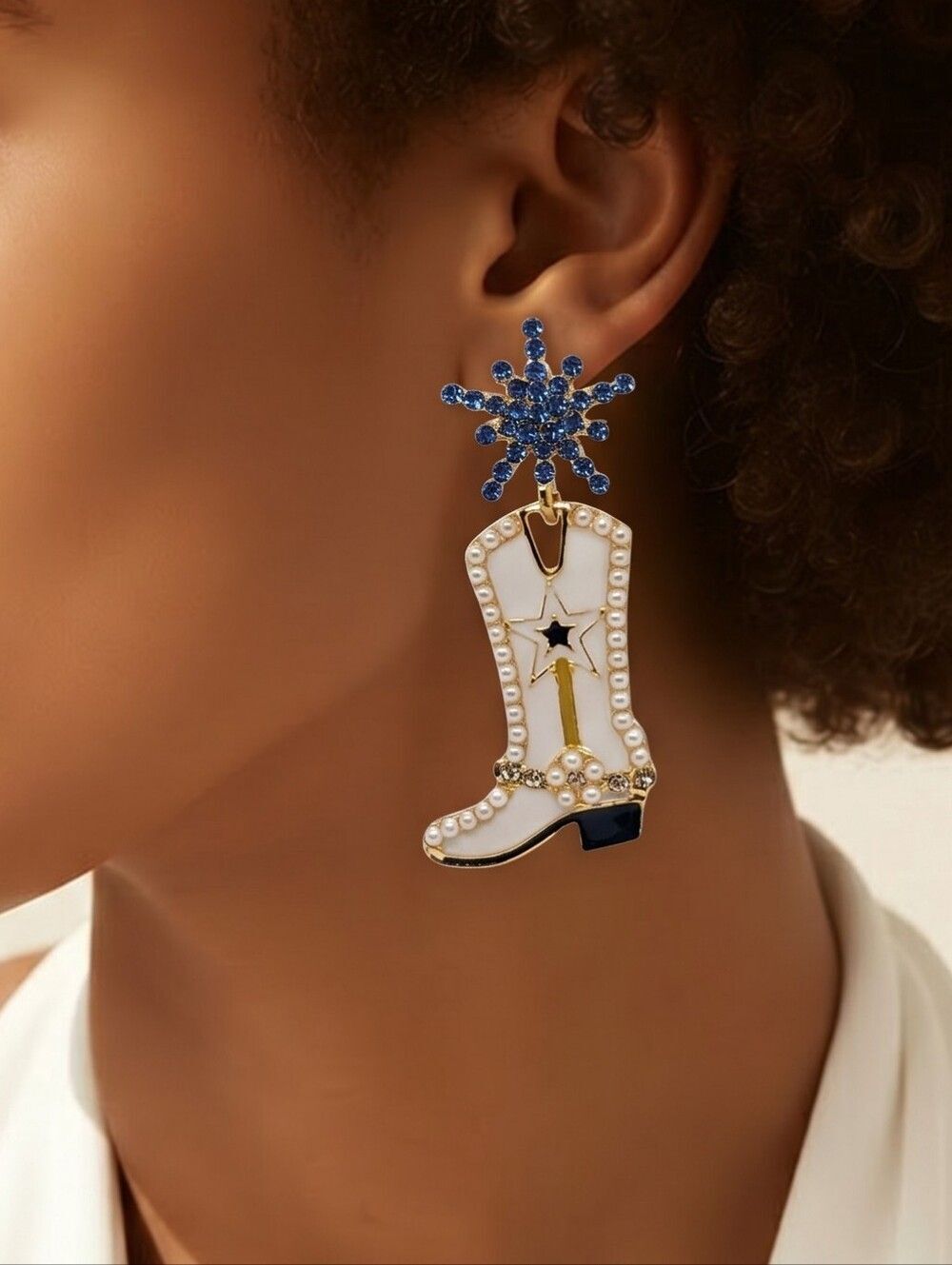 Western Cowboy Boot Sparkly Dangle Earrings Dallas Star Embellished Jewelry